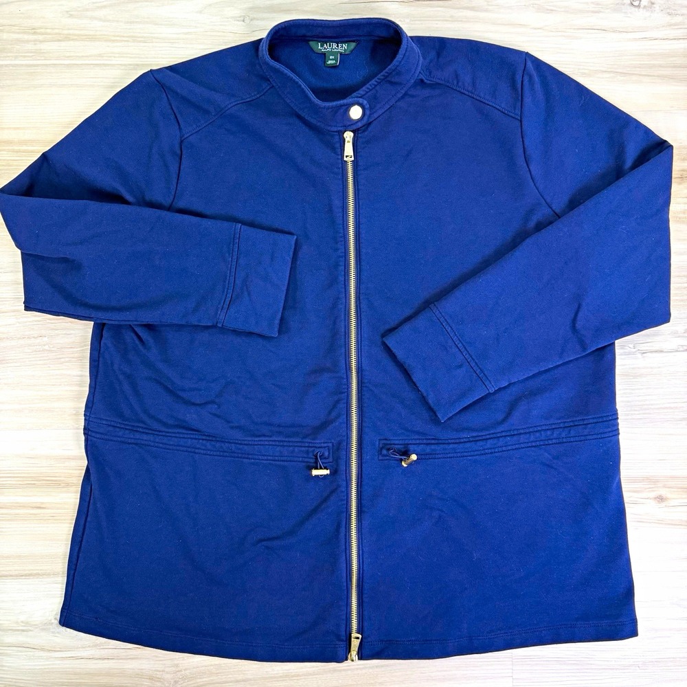 Lauren Ralph Lauren Womens 2X Navy Blue Full Zip Knit Jacket Gold Hardware RRL